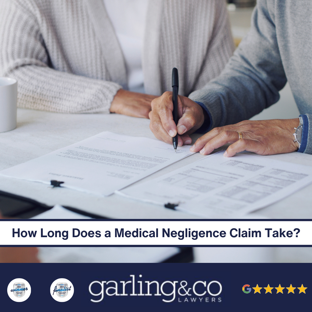 A woman and man with the man holding a pen signing a piece of paper watched by another man with three tea cups on the table and the caption “How Long Does a Medical Negligence Claim Take”