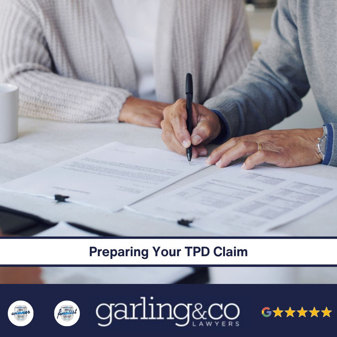 A woman and man with the man holding a pen signing a piece of paper watched by another man with three tea cups on the table and the caption “Preparing Your TPD Claim”