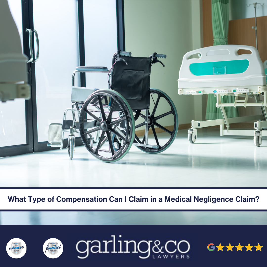 A hospital room with a wheelchair facing the door next to a hospital bed with the caption “What Type of Compensation Can I Claim in a Medical Negligence Claim”